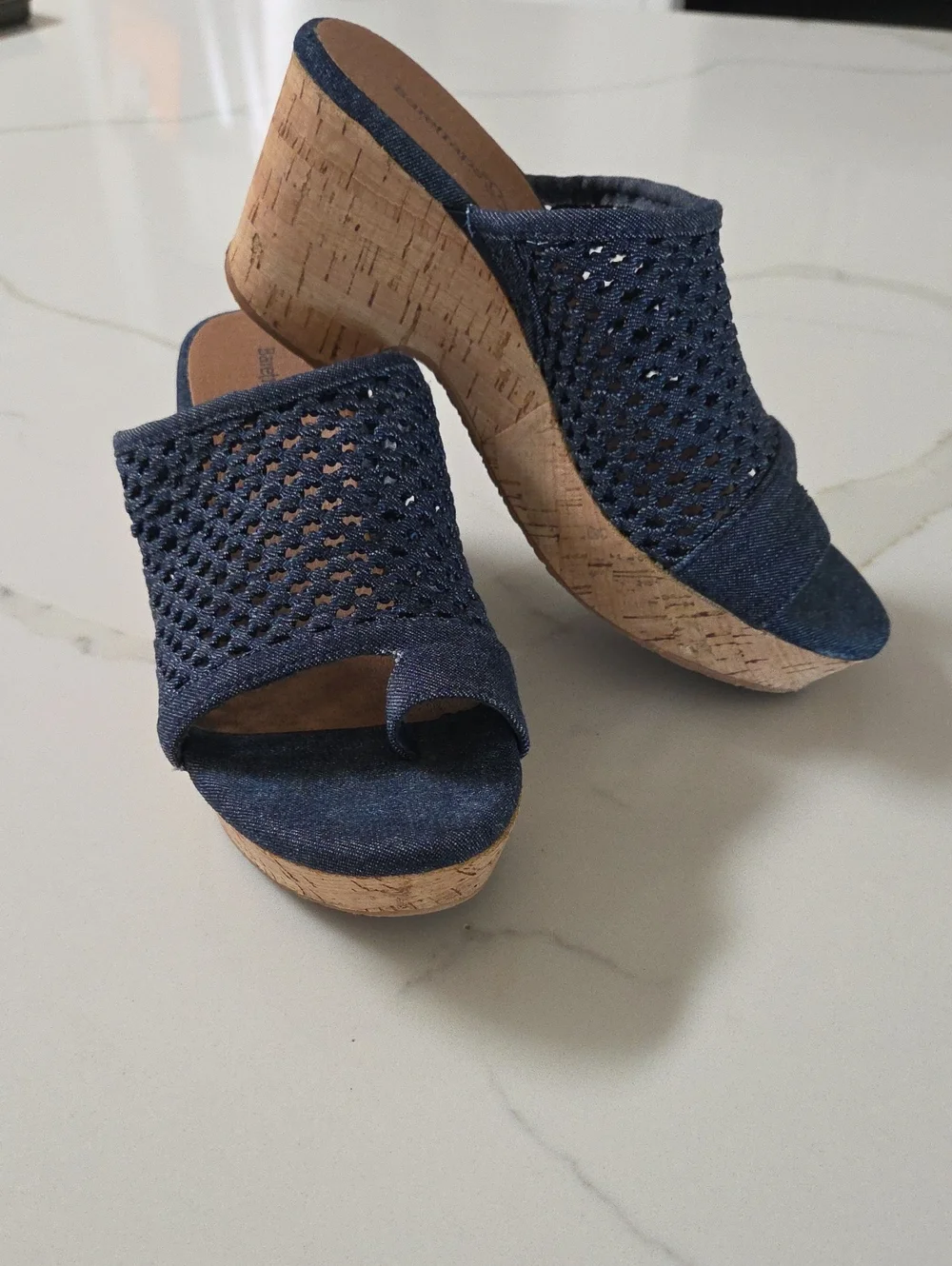 Baretraps Bethie Wedge, Denim Navy Woven Open-Toe Cork Wedge Mules